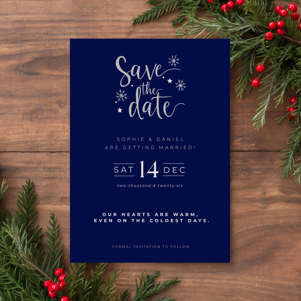 Elegant Winter Save the Date Template | Navy & Silver (Canva Editable)