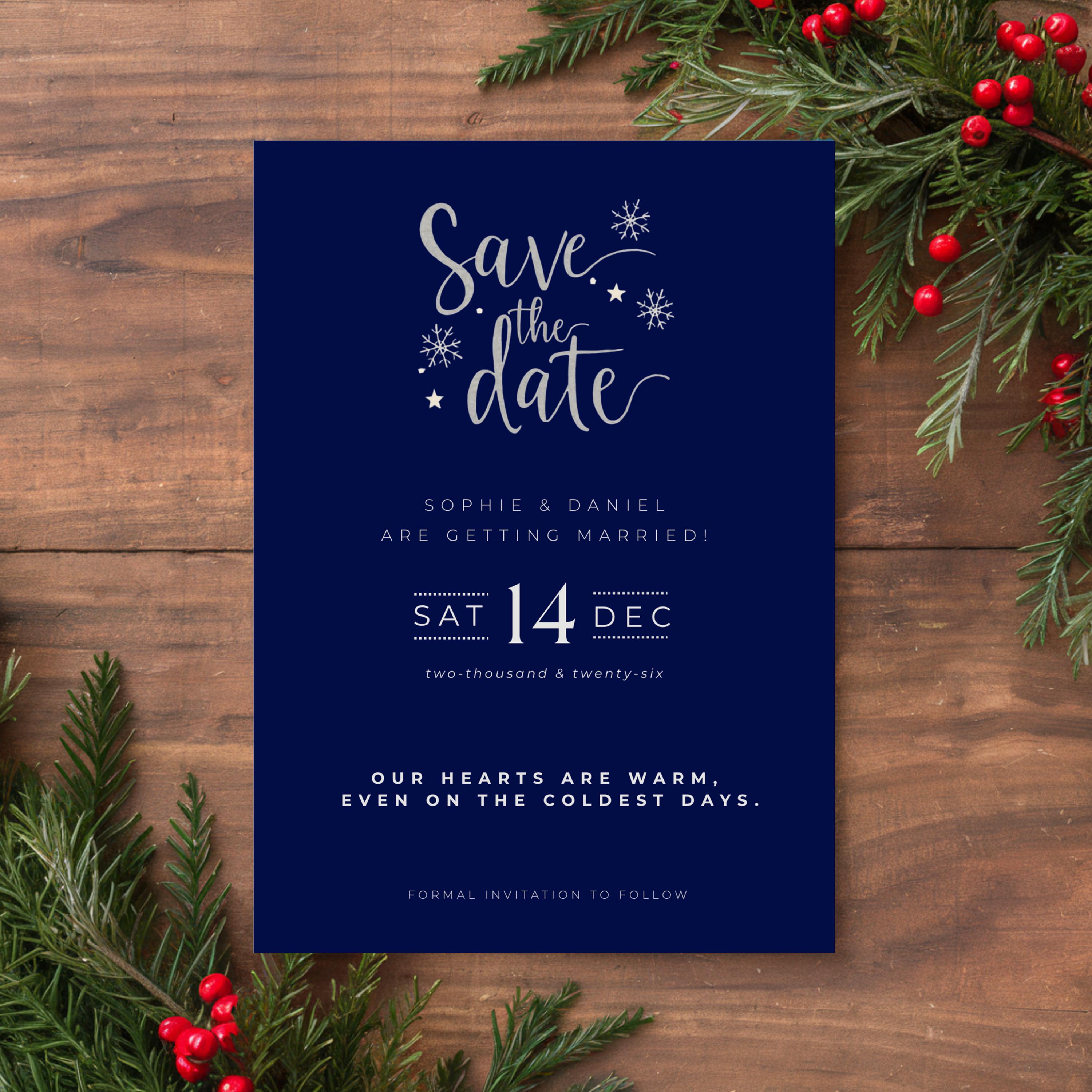 Elegant Winter Save the Date Template | Navy & Silver (Canva Editable)