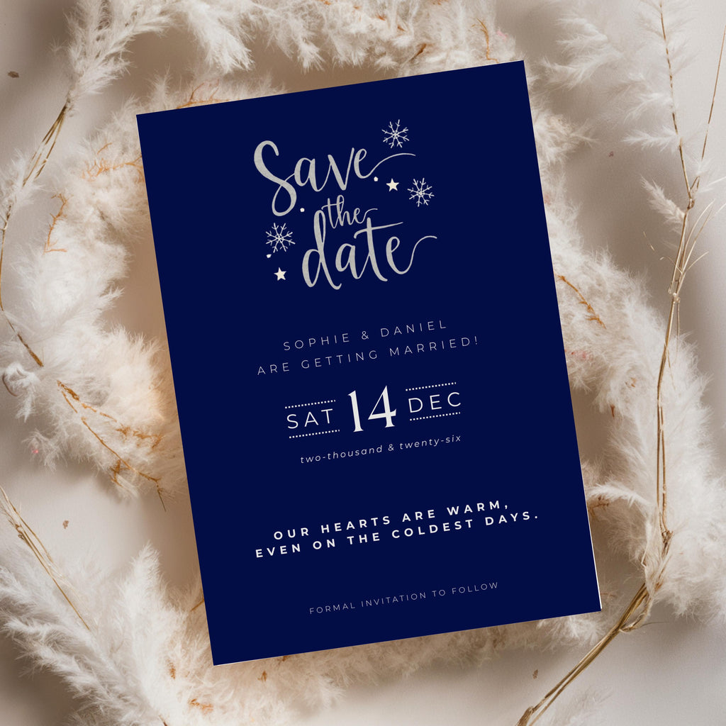 Elegant Winter Save the Date Template | Navy & Silver (Canva Editable)
