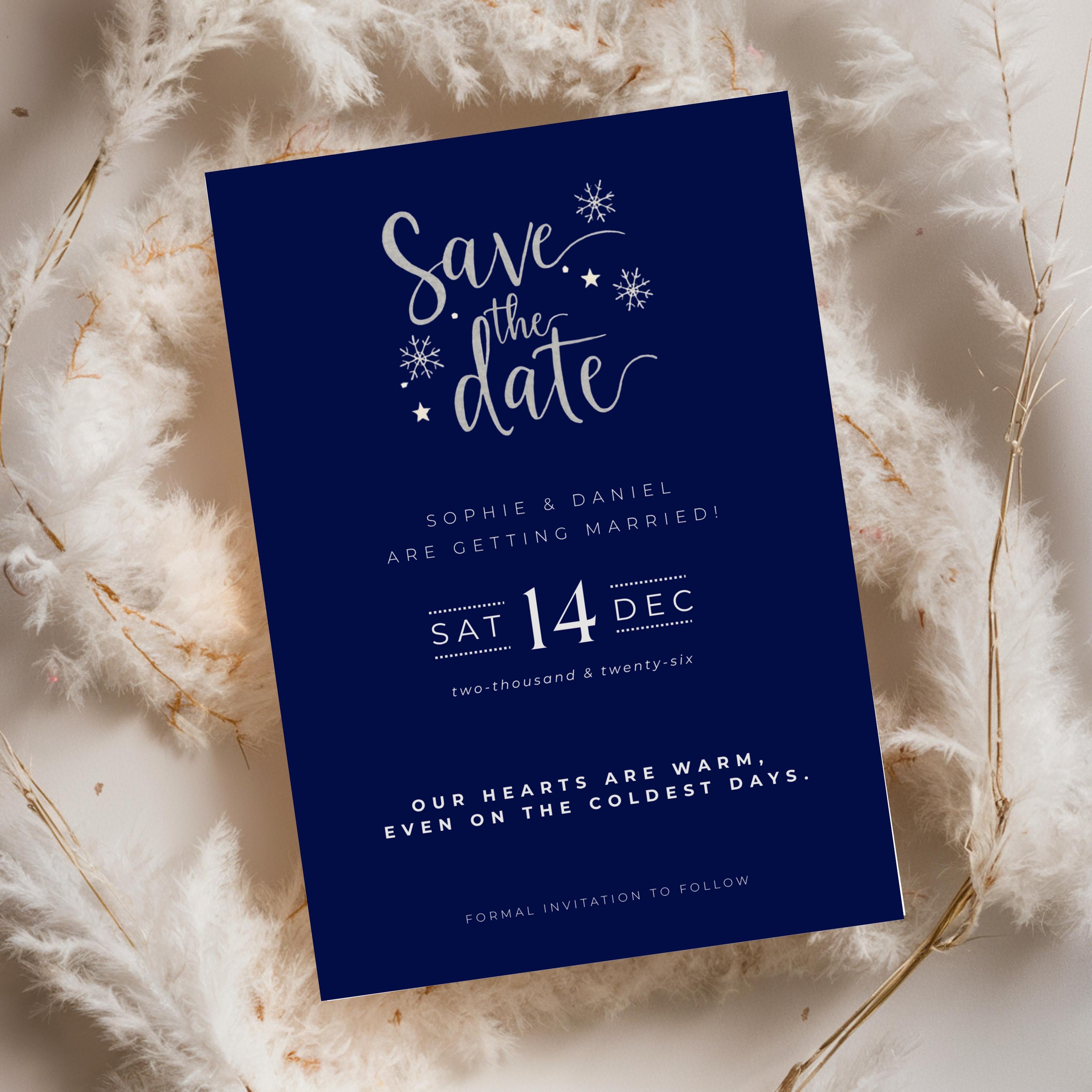 Elegant Winter Save the Date Template | Navy & Silver (Canva Editable)