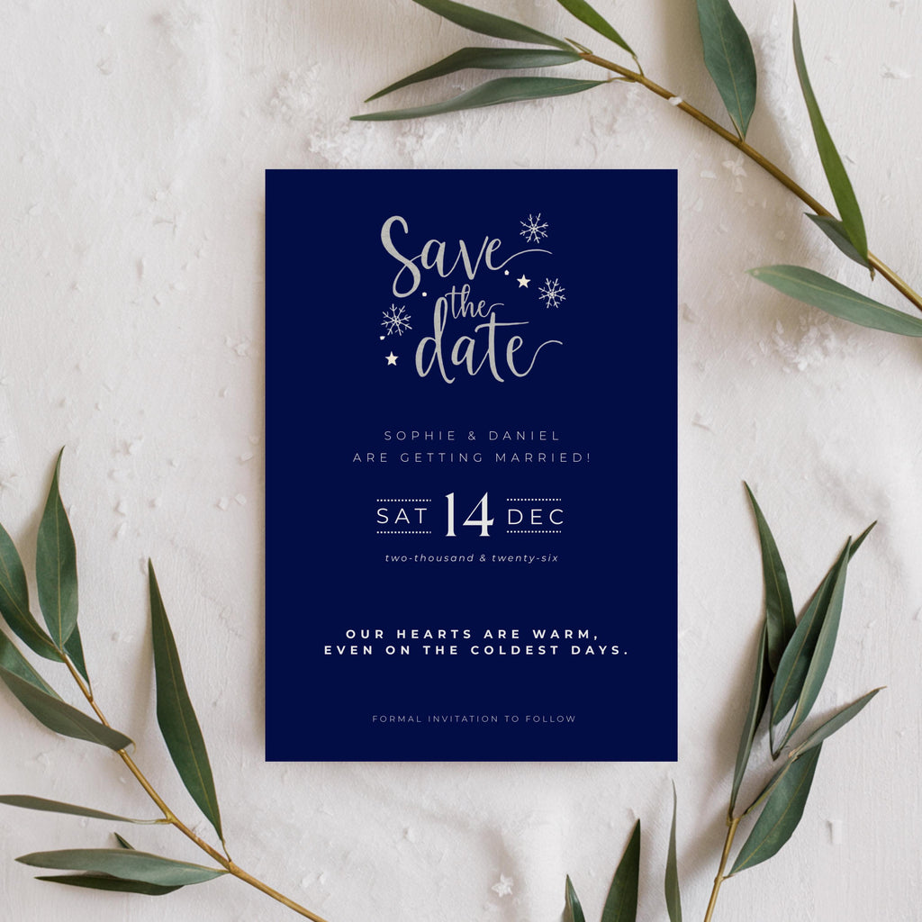 Elegant Winter Save the Date Template | Navy & Silver (Canva Editable)