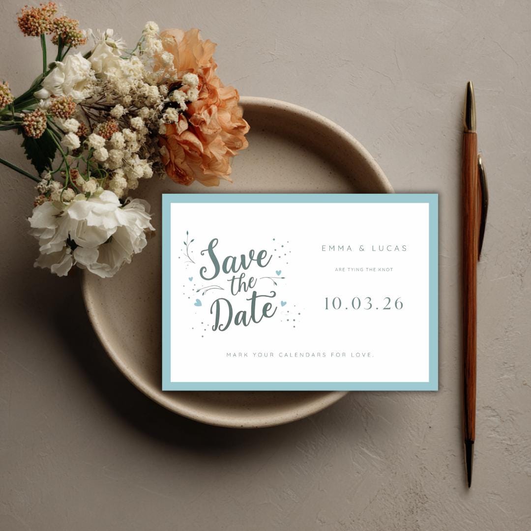 Editable Teal Save the Date Template | Minimalist Wedding Announcement | Modern Blue Canva Template | Printable Save the Date Card