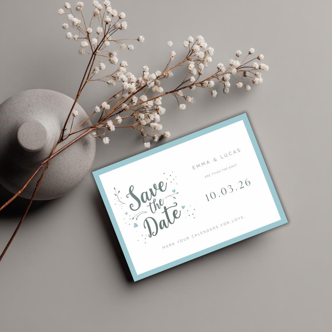 Editable Teal Save the Date Template | Minimalist Wedding Announcement | Modern Blue Canva Template | Printable Save the Date Card