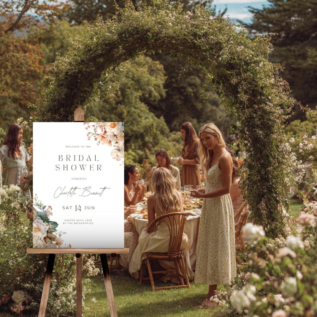Bridal Shower Welcome Sign Editable Template, Light Peach Floral Boho Garden Sign, Printable Canva Template, 18x24 Wedding Shower Sign