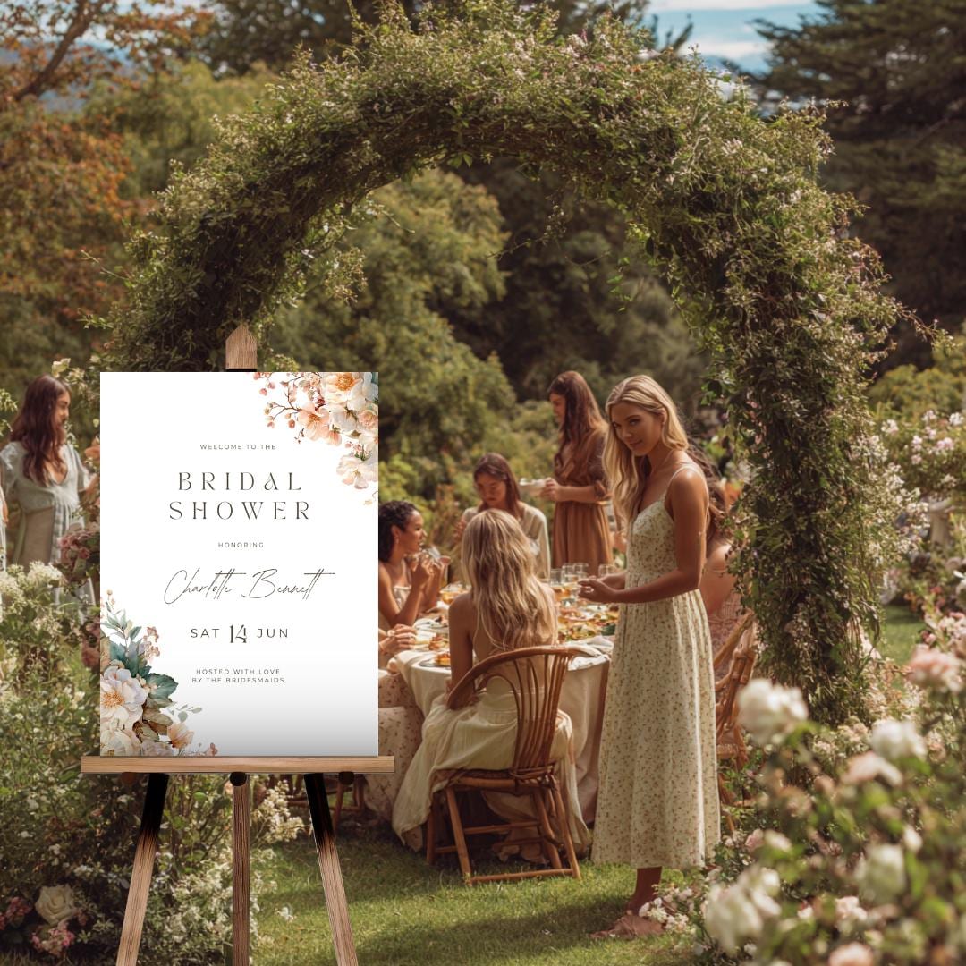 Bridal Shower Welcome Sign Editable Template, Light Peach Floral Boho Garden Sign, Printable Canva Template, 18x24 Wedding Shower Sign