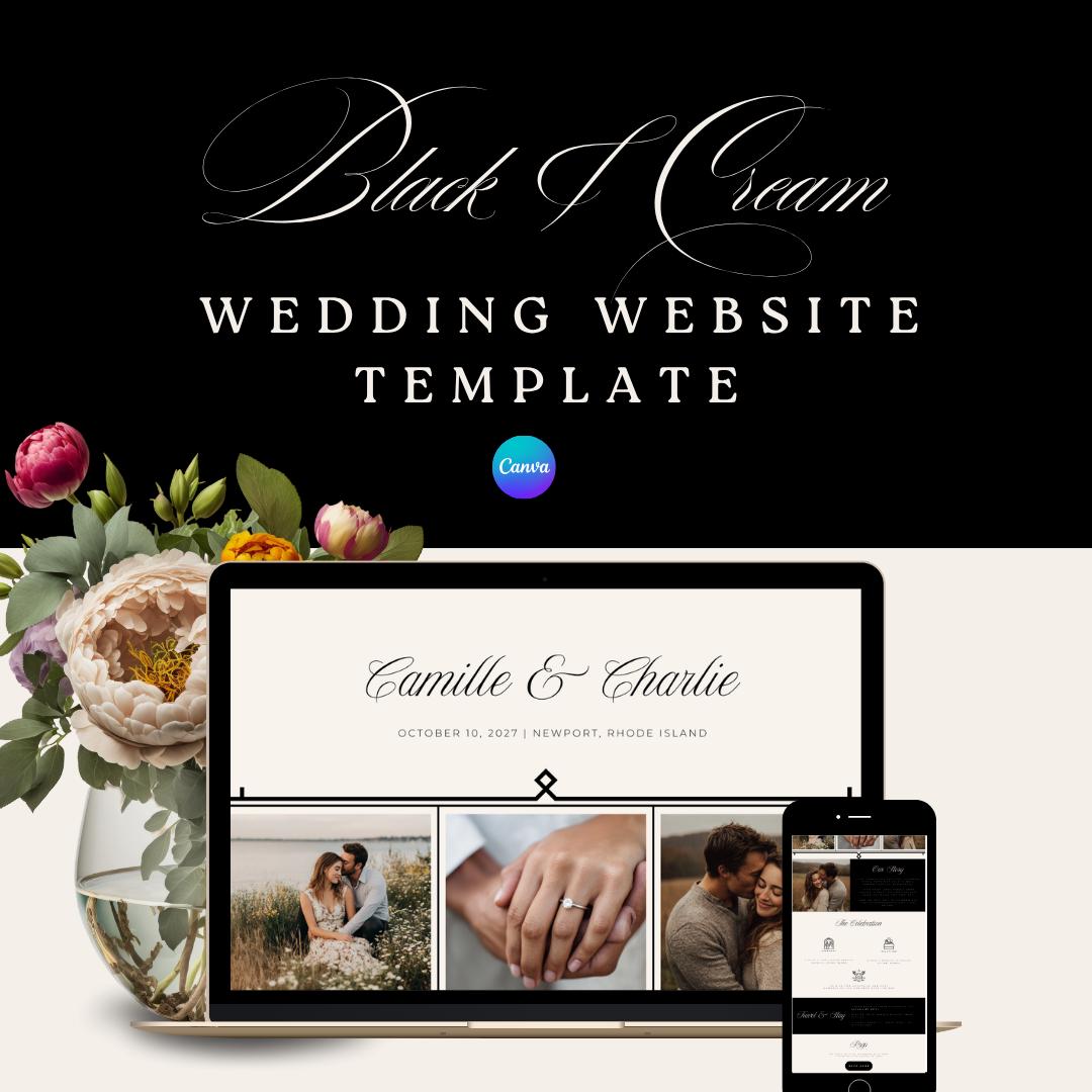 Elegant Black & Cream Wedding Website Template Canva | One Page Editable Wedding Website | Formal Wedding Website Design | No Coding Needed