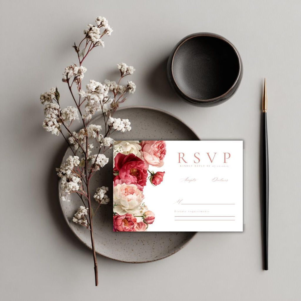 Pink Floral Wedding RSVP Card Template | Blush Peony Response Card | Romantic Editable Canva Template for DIY Brides