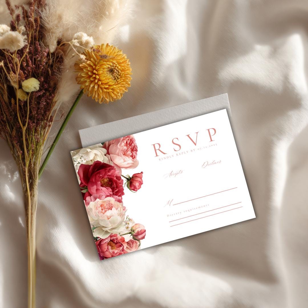 Pink Floral Wedding RSVP Card Template | Blush Peony Response Card | Romantic Editable Canva Template for DIY Brides