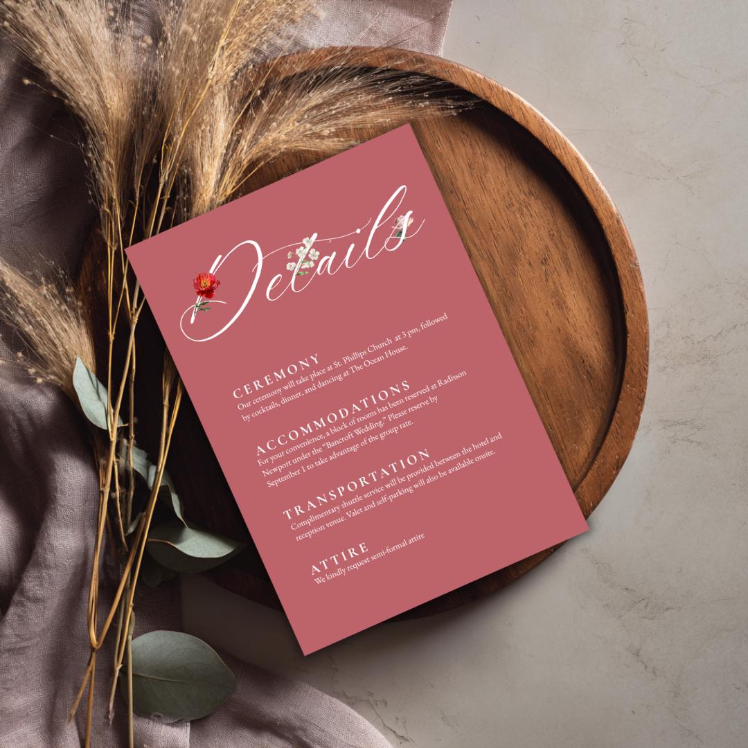 Pink Floral Wedding Details Card Template | Blush Peony Info Card | Editable Wedding Template for DIY Brides