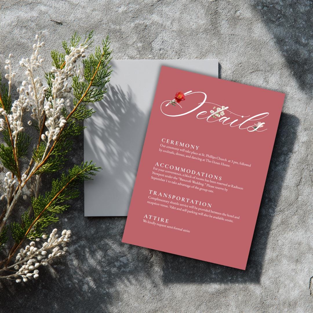 Pink Floral Wedding Details Card Template | Blush Peony Info Card | Editable Wedding Template for DIY Brides