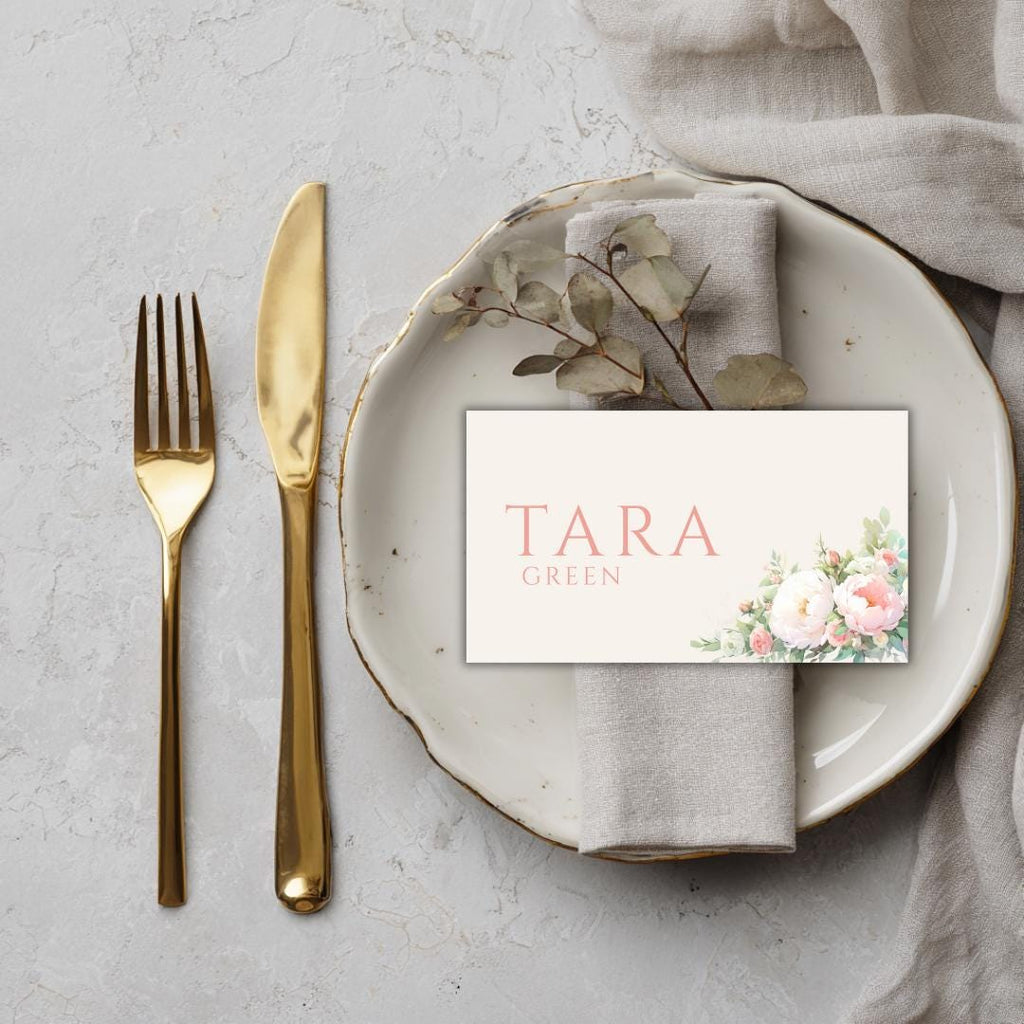 Pink and Green Flower Wedding Place Card Template - Pink Floral, Editable in Canva (Instant Download)