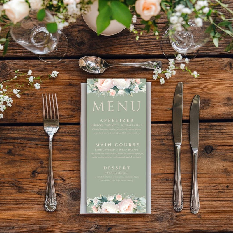 Pink and Green Flowers Wedding Menu Template - Sage Green Floral, Canva Template, Instant Download, DIY Bride