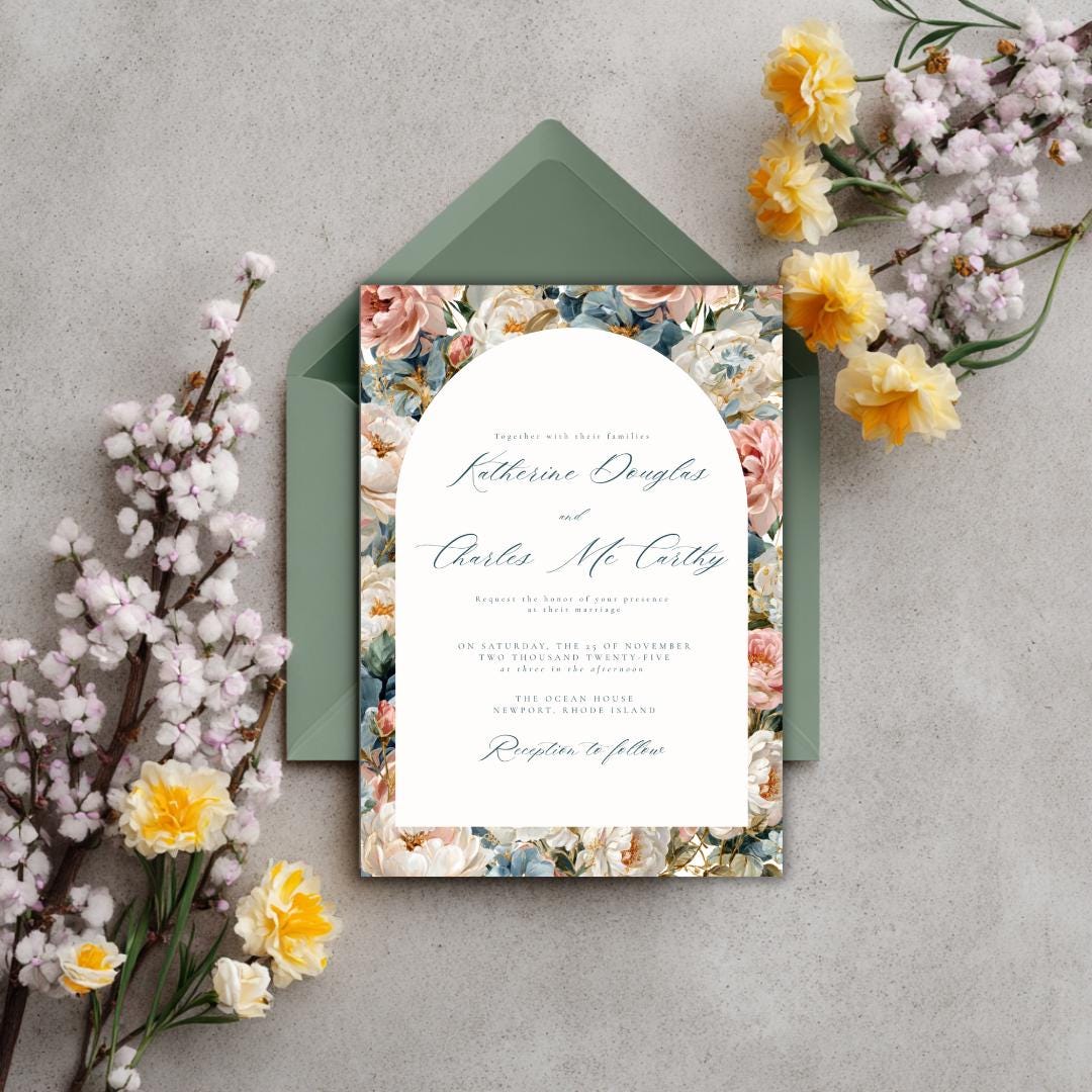 Rococo Flowers Wedding Invitation Template | Editable Canva Invite | Classic Arch Design | Blue & Pink Flowers | Gold Details | DIY Brides