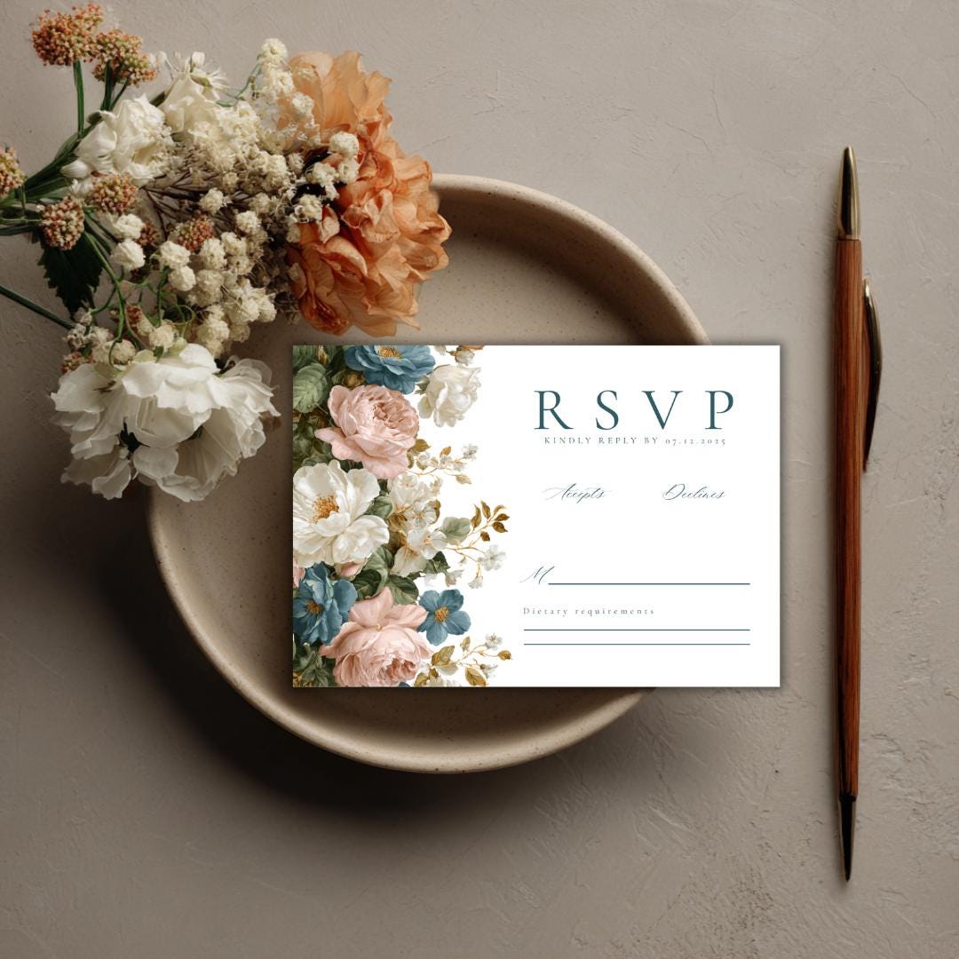 Rococo Floral Wedding RSVP Card Template | Editable Canva RSVP | Elegant Blue & Pink Floral Design | Printable Wedding Template