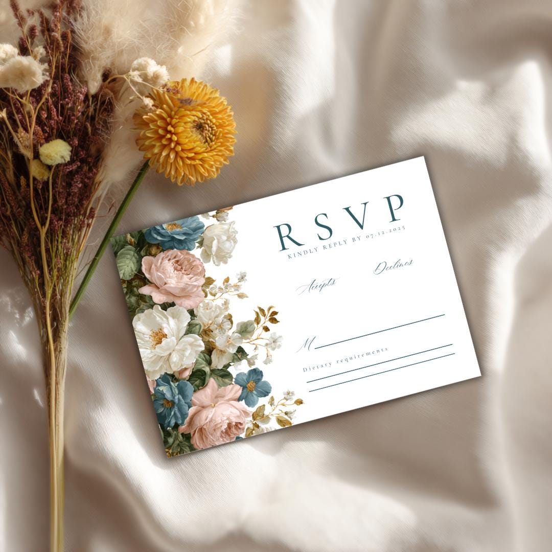 Rococo Floral Wedding RSVP Card Template | Editable Canva RSVP | Elegant Blue & Pink Floral Design | Printable Wedding Template