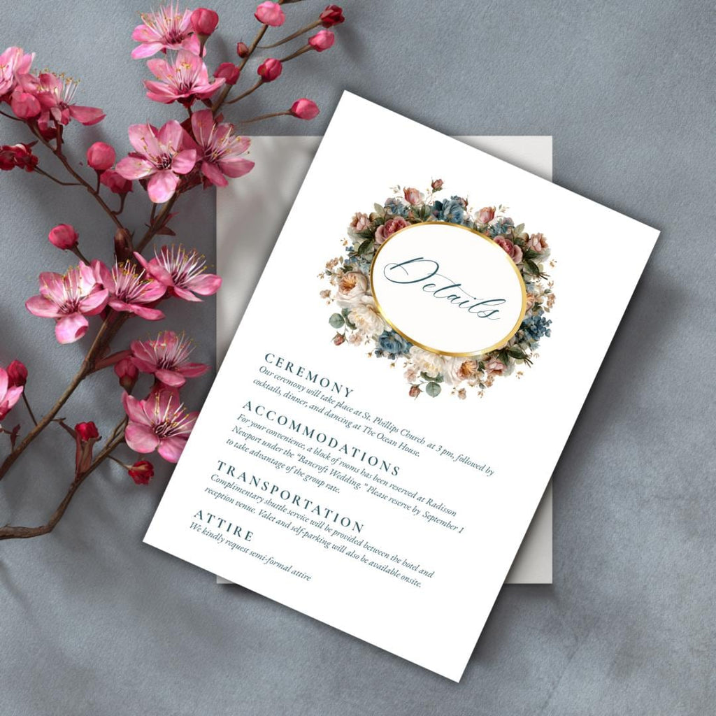 Rococo Floral Wedding Details Card Template | Editable Canva Insert | Elegant Blue & Blush Design | Printable Wedding Info Card