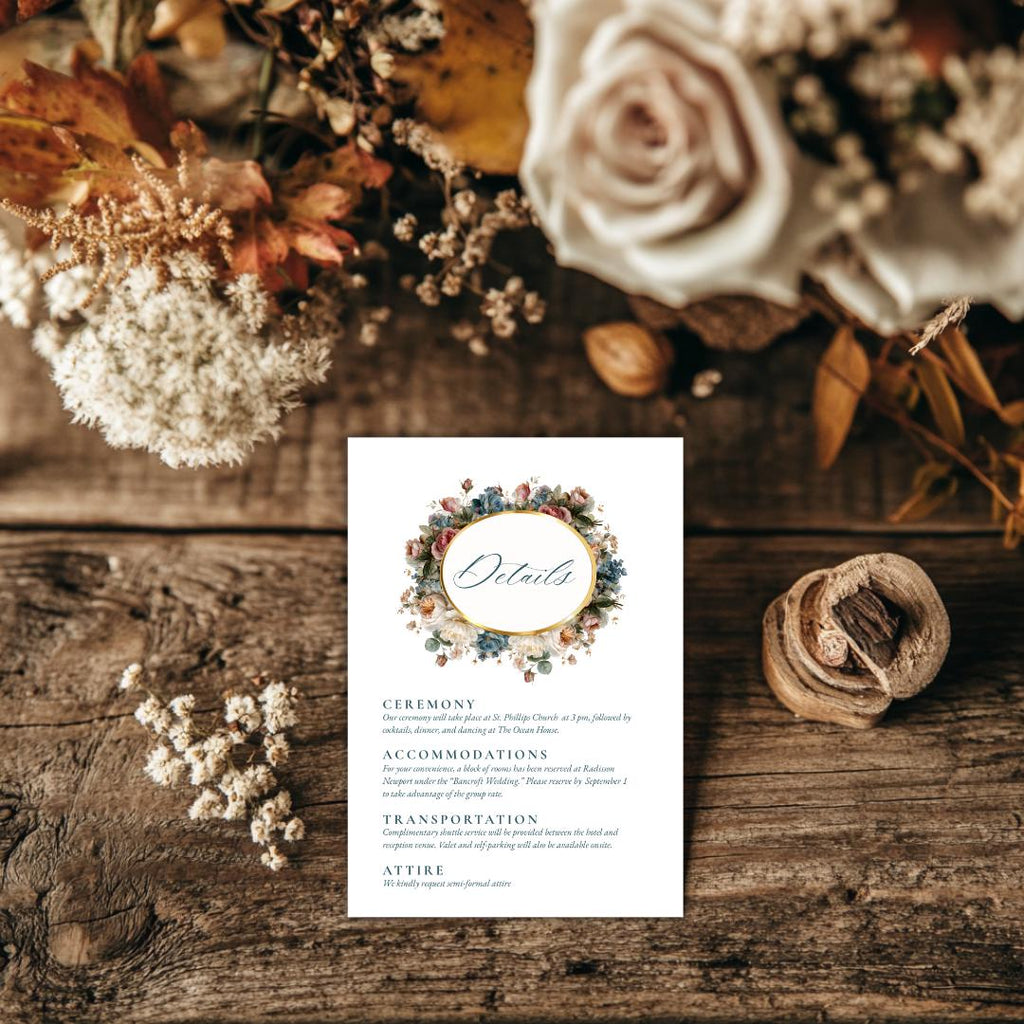 Rococo Floral Wedding Details Card Template | Editable Canva Insert | Elegant Blue & Blush Design | Printable Wedding Info Card