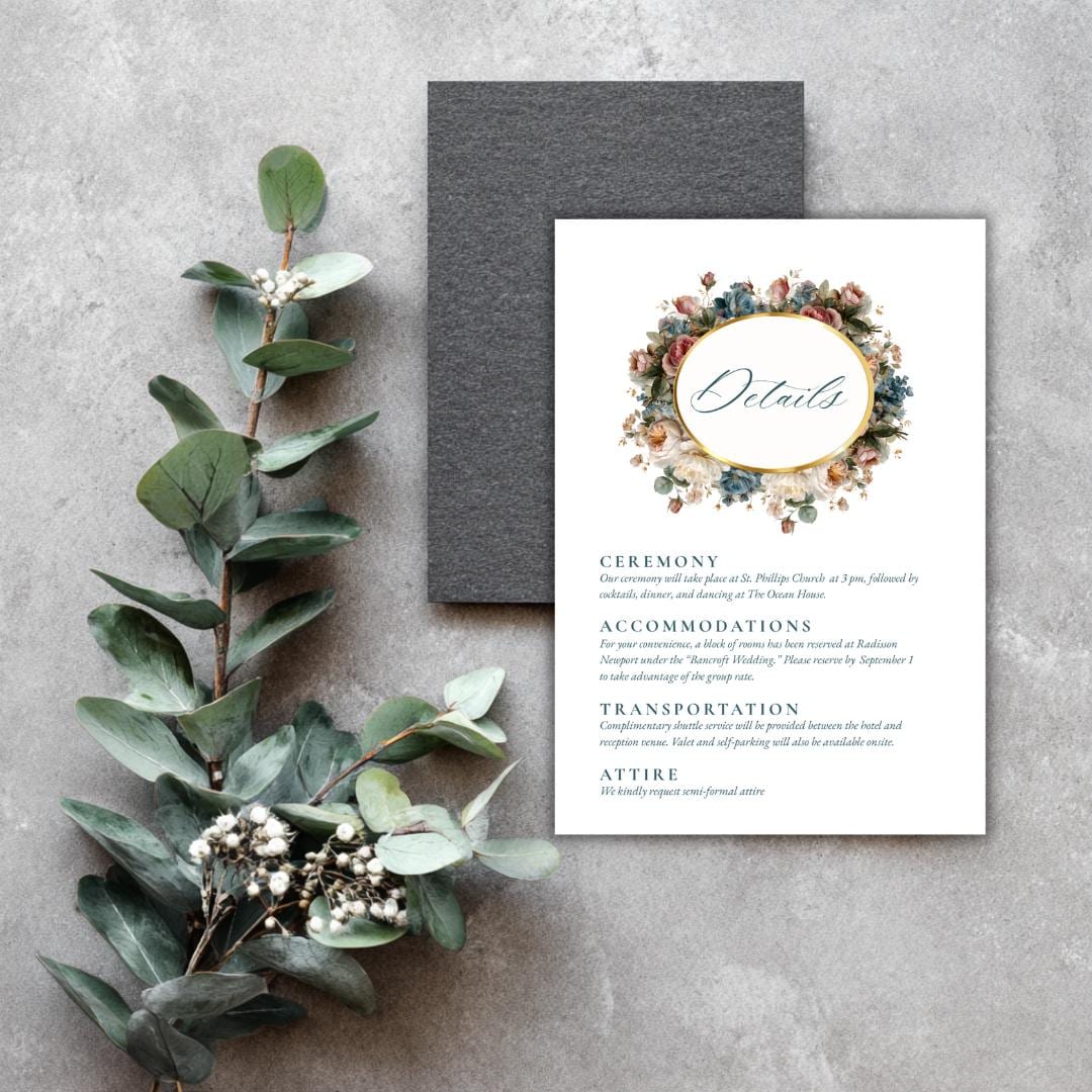 Rococo Floral Wedding Details Card Template | Editable Canva Insert | Elegant Blue & Blush Design | Printable Wedding Info Card