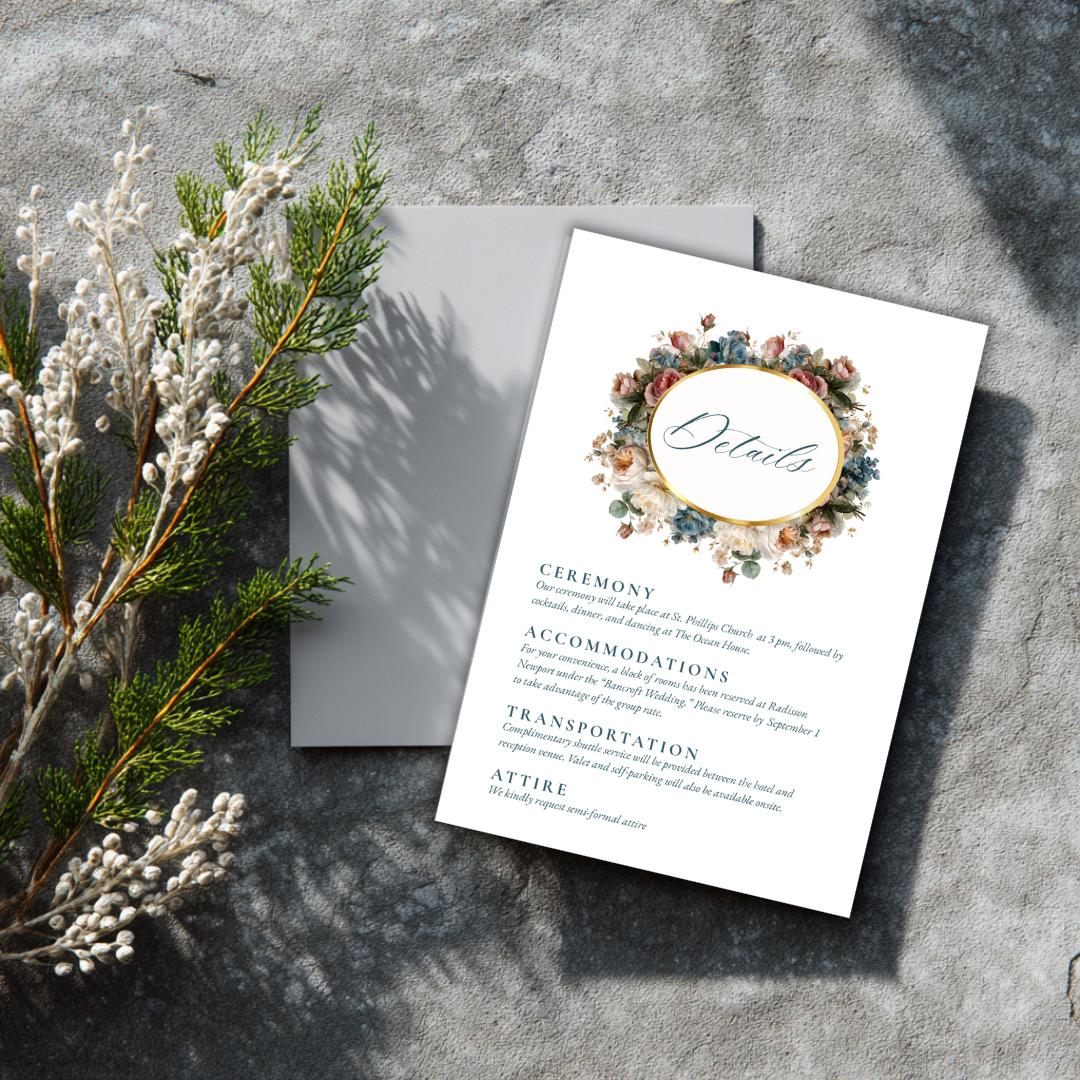 Rococo Floral Wedding Details Card Template | Editable Canva Insert | Elegant Blue & Blush Design | Printable Wedding Info Card