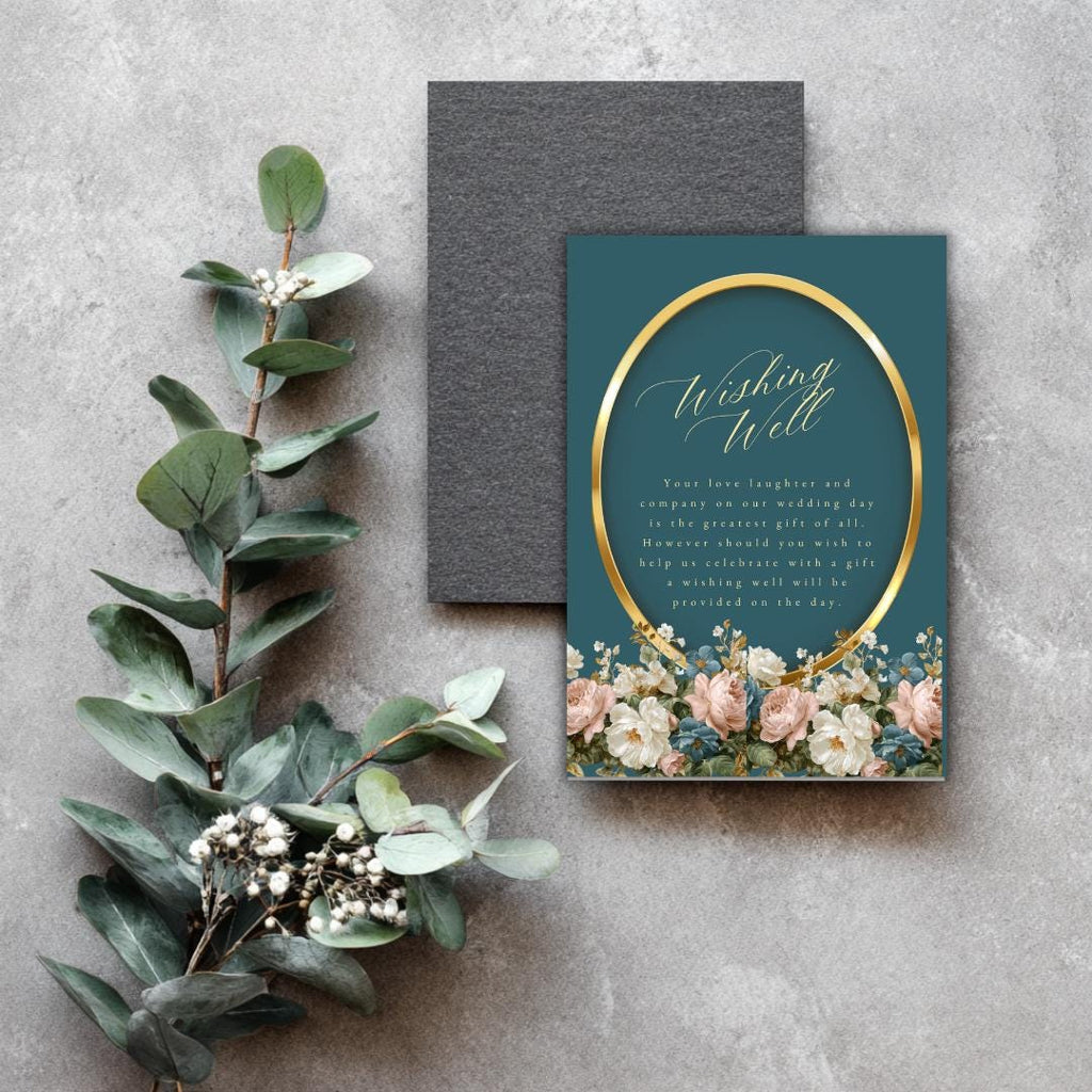 Rococo Floral Wishing Well Card Template | Editable Canva Wedding Insert | Elegant Blue & Blush Floral Design | Printable Gift Poem Card