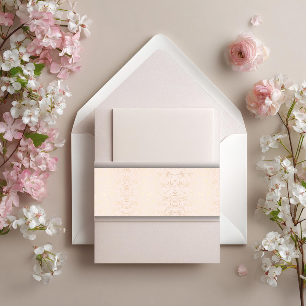 Rococo Floral Wedding Belly Band Template | Editable Canva Wrap | Elegant Blush & Gold Damask Design | Printable Invitation Suite Band