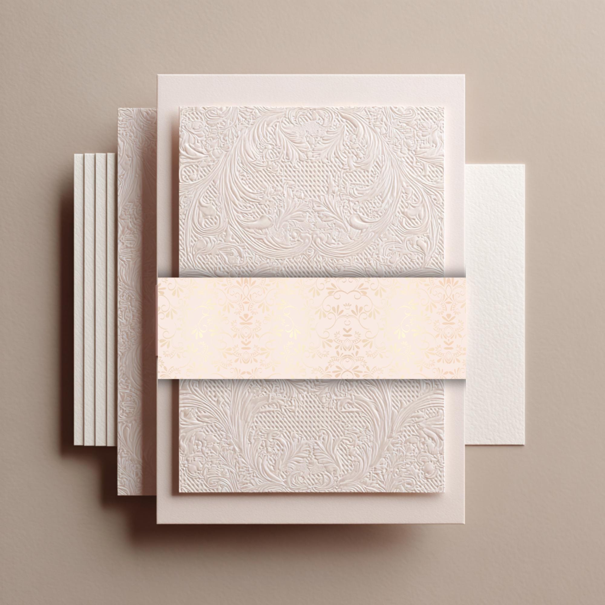 Rococo Floral Wedding Belly Band Template | Editable Canva Wrap | Elegant Blush & Gold Damask Design | Printable Invitation Suite Band