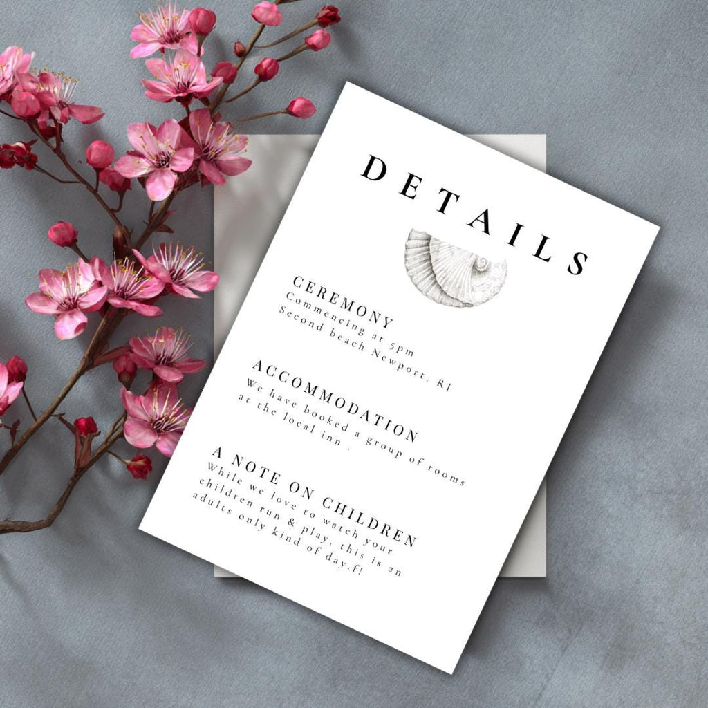 Simple Seashell Wedding Details Card Template | Editable Canva Beach Wedding Insert | Minimal Coastal Design | Printable Info Card