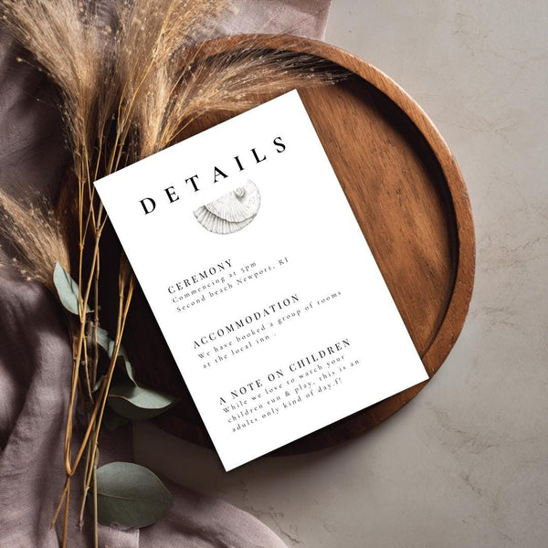 Simple Seashell Wedding Details Card Template | Editable Canva Beach Wedding Insert | Minimal Coastal Design | Printable Info Card