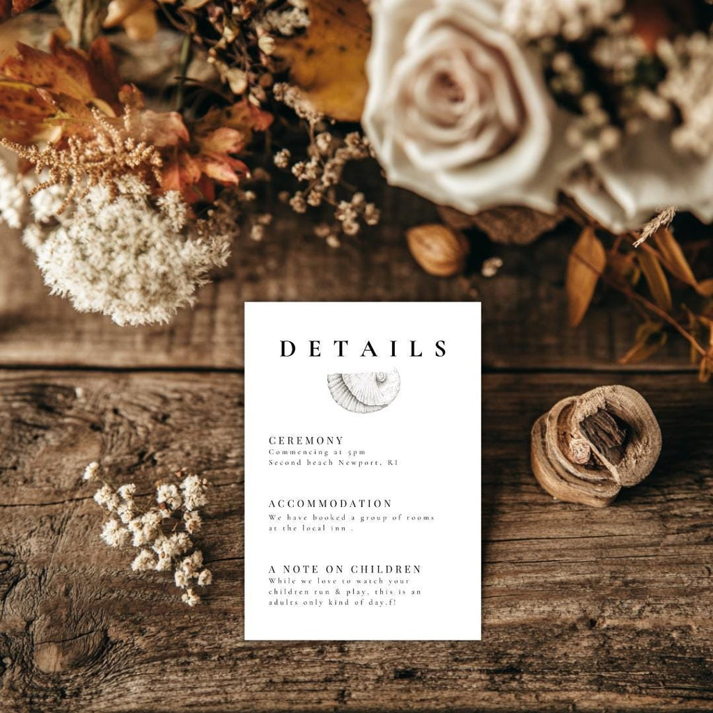 Simple Seashell Wedding Details Card Template | Editable Canva Beach Wedding Insert | Minimal Coastal Design | Printable Info Card