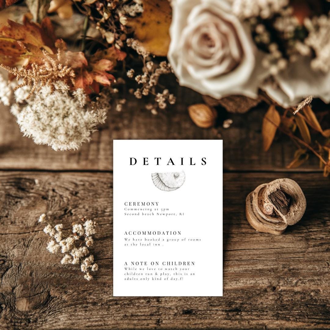 Simple Seashell Wedding Details Card Template | Editable Canva Beach Wedding Insert | Minimal Coastal Design | Printable Info Card