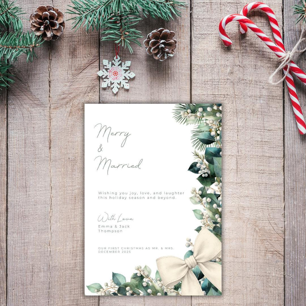 Merry & Married Holiday Card Template | Editable First Christmas Married Card | Holly Greenery Newlywed Christmas Card | Canva Template