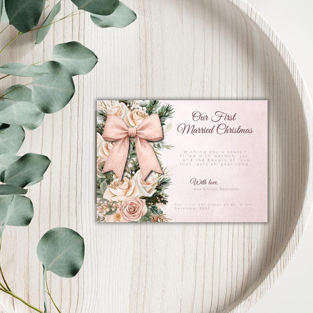 Our First Married Christmas Card Template | Editable Newlywed Holiday Card | Blush Floral Bow Christmas Card | Canva Template