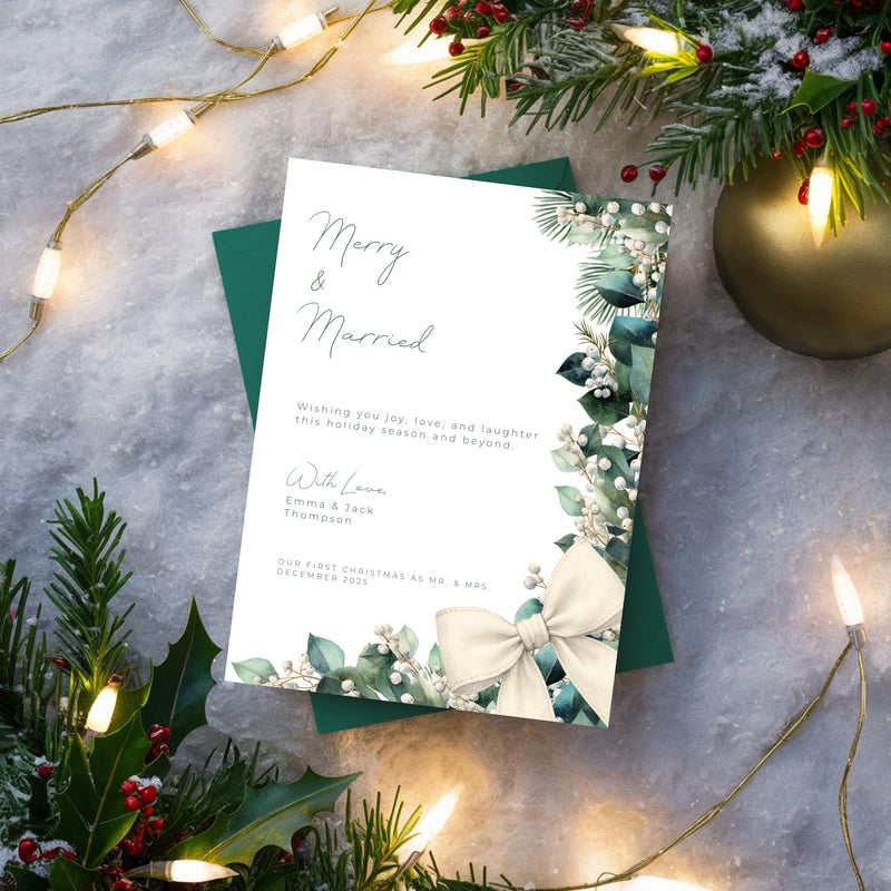 Merry & Married Holiday Card Template | Editable First Christmas Married Card | Holly Greenery Newlywed Christmas Card | Canva Template