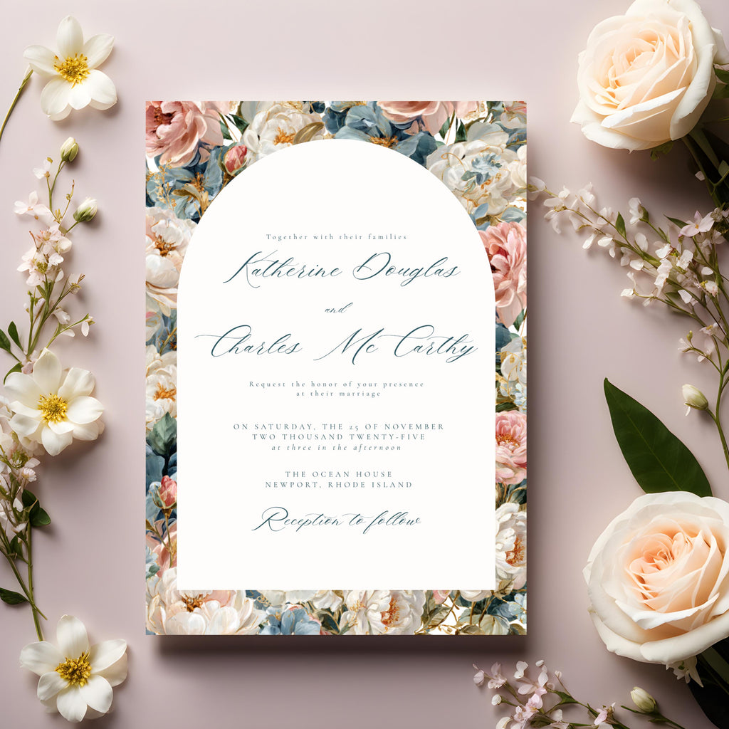 Rococo Flowers Wedding Invitation Template | Editable Canva Invite | Classic Arch Design | Blue & Pink Flowers | Gold Details | DIY Brides