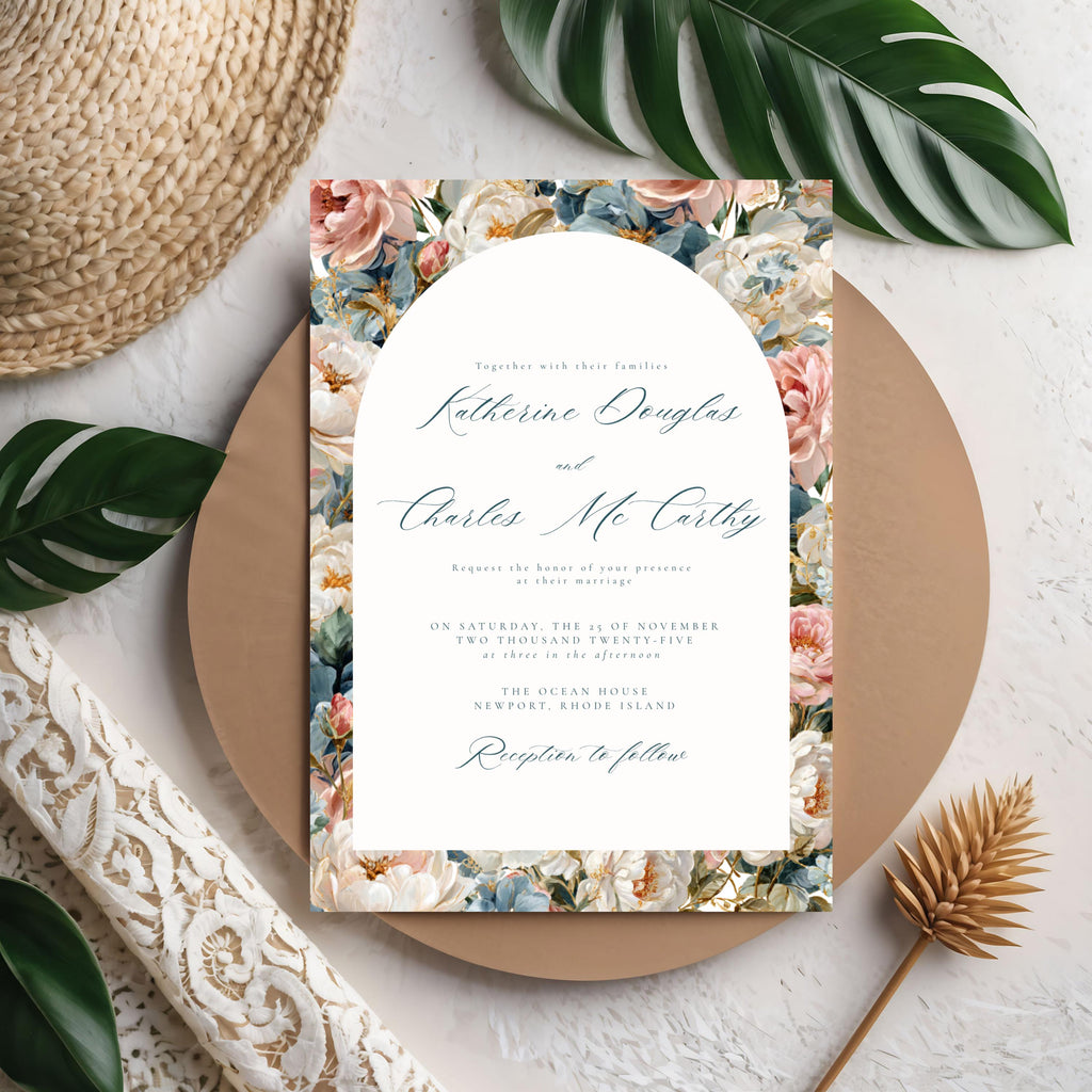 Rococo Flowers Wedding Invitation Template | Editable Canva Invite | Classic Arch Design | Blue & Pink Flowers | Gold Details | DIY Brides
