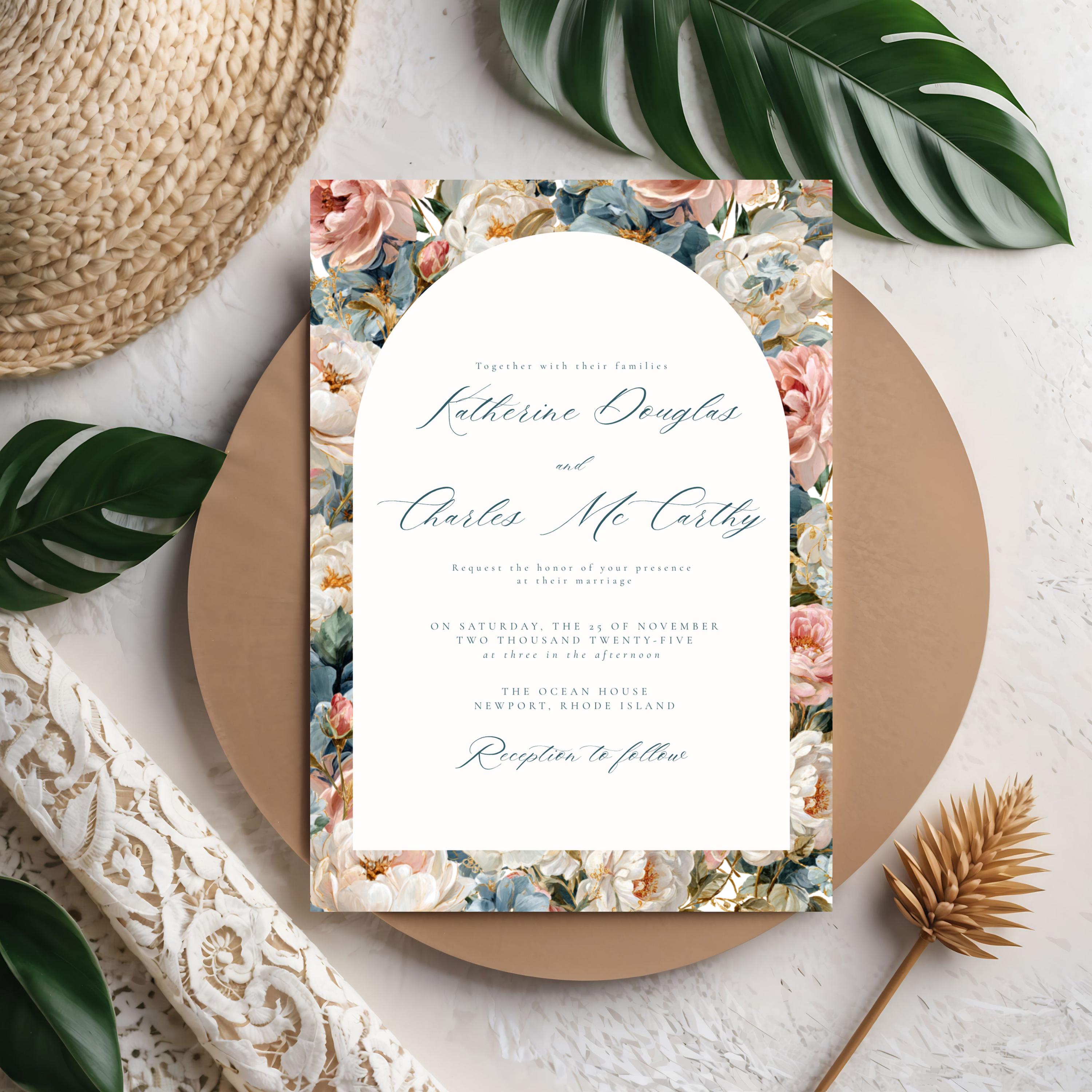 Rococo Flowers Wedding Invitation Template | Editable Canva Invite | Classic Arch Design | Blue & Pink Flowers | Gold Details | DIY Brides