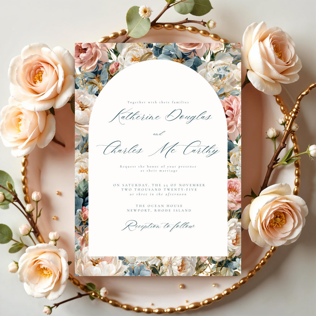 Rococo Flowers Wedding Invitation Template | Editable Canva Invite | Classic Arch Design | Blue & Pink Flowers | Gold Details | DIY Brides