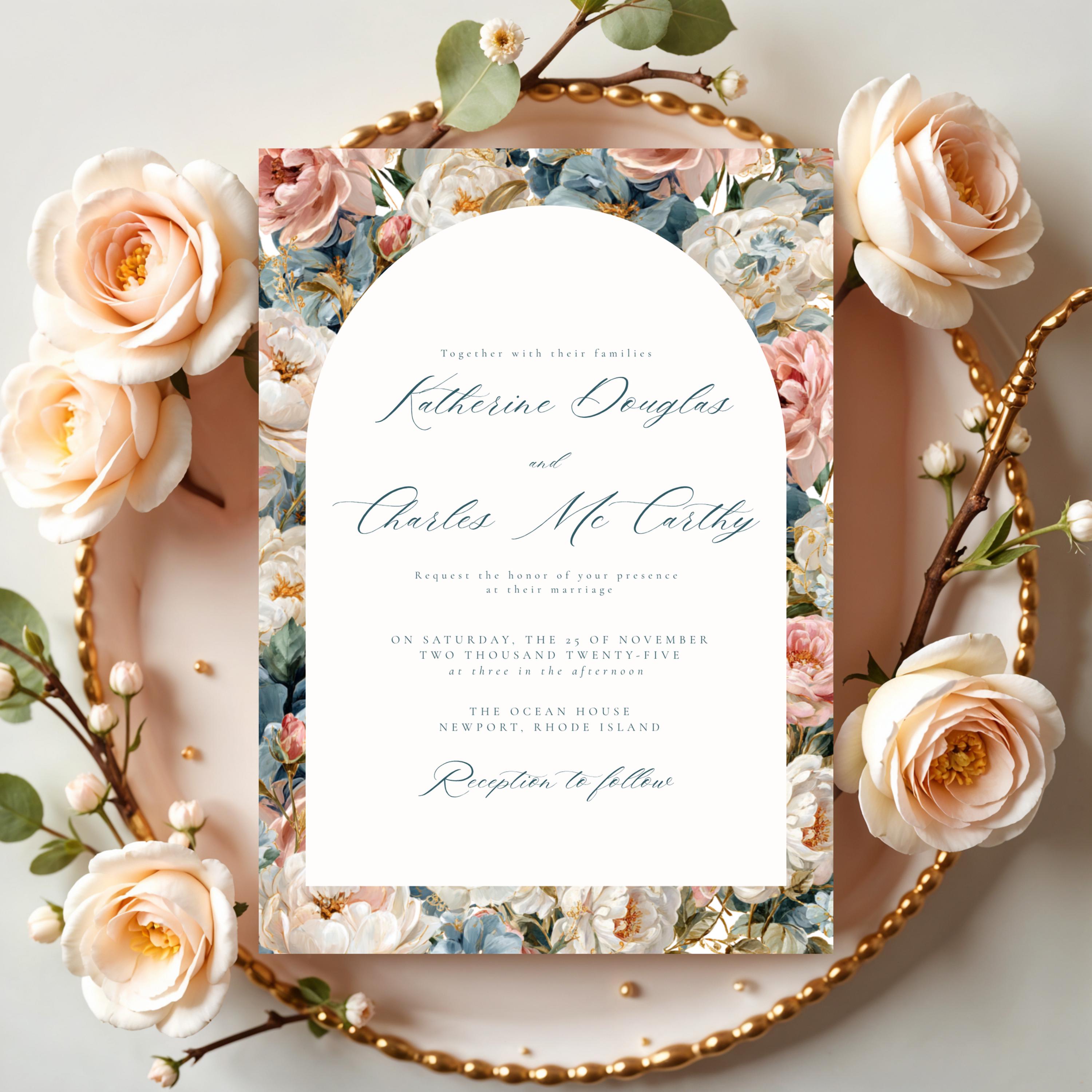 Rococo Flowers Wedding Invitation Template | Editable Canva Invite | Classic Arch Design | Blue & Pink Flowers | Gold Details | DIY Brides