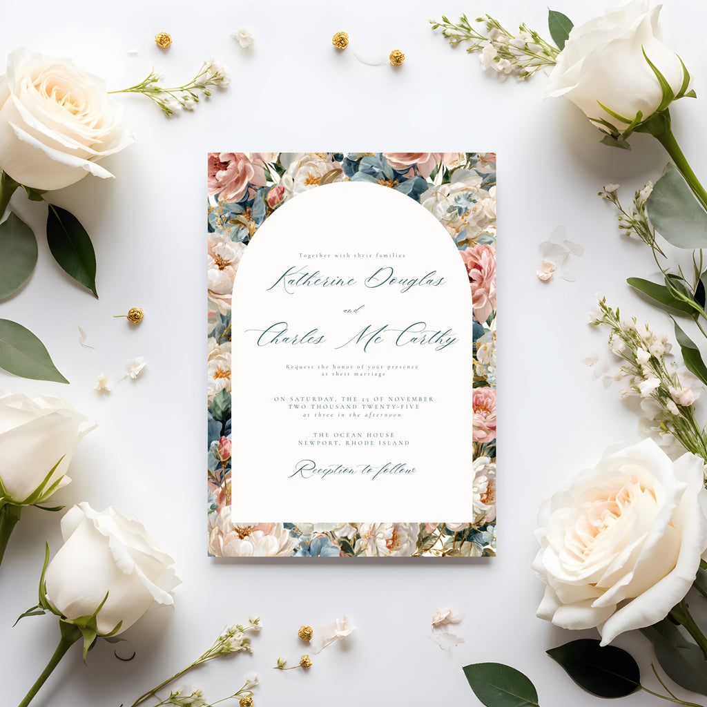 Rococo Flowers Wedding Invitation Template | Editable Canva Invite | Classic Arch Design | Blue & Pink Flowers | Gold Details | DIY Brides