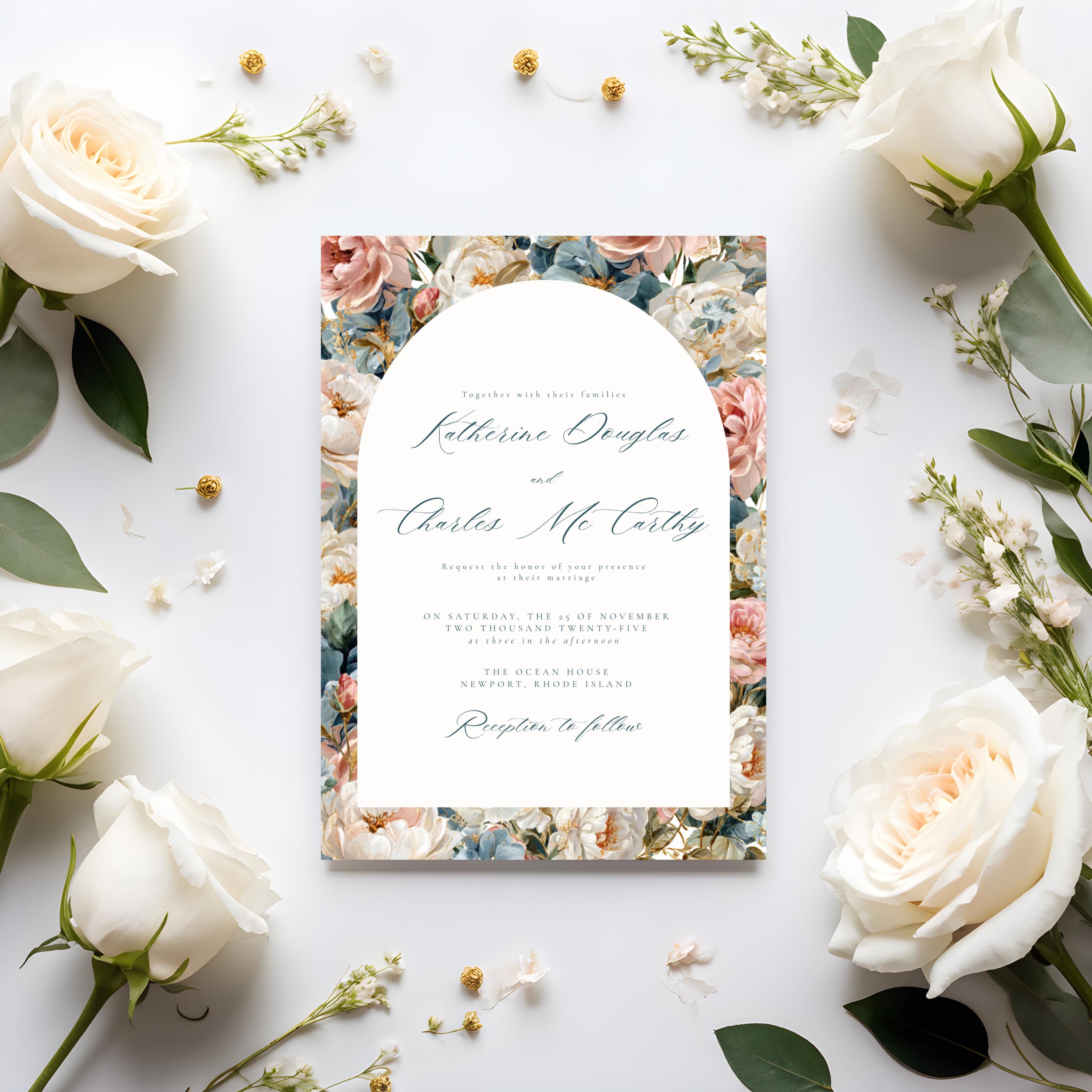 Rococo Flowers Wedding Invitation Template | Editable Canva Invite | Classic Arch Design | Blue & Pink Flowers | Gold Details | DIY Brides
