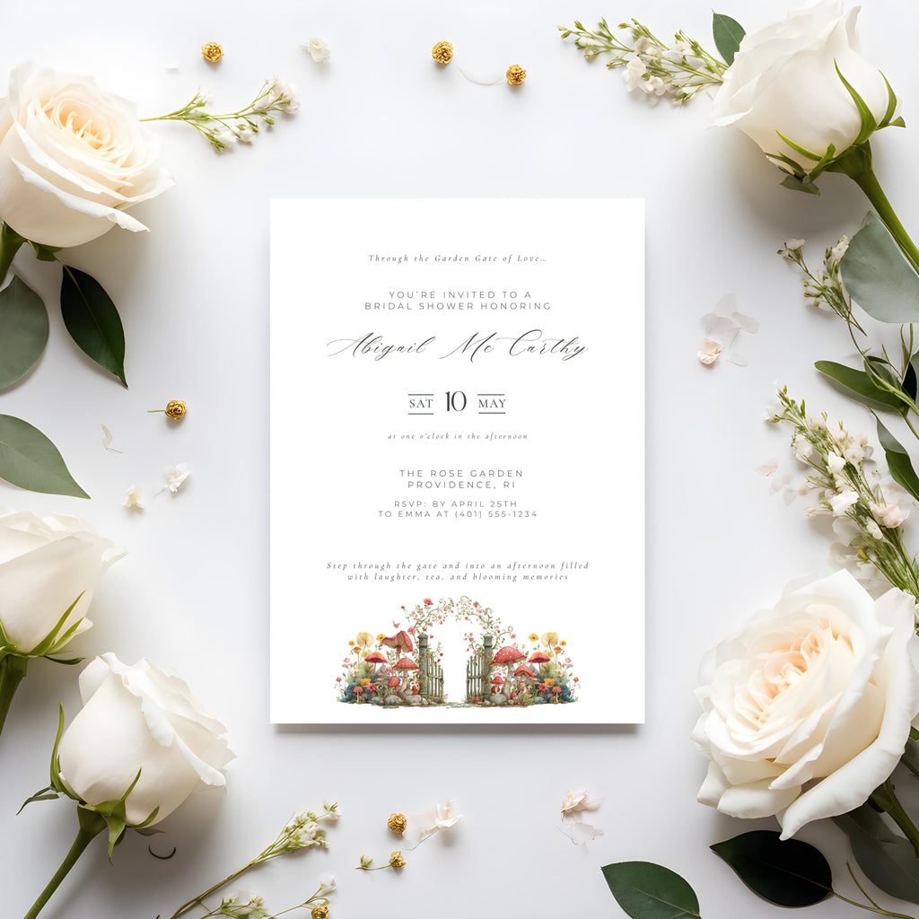 Elegant Garden Gate Bridal Shower Invitation Template (Editable Canva)