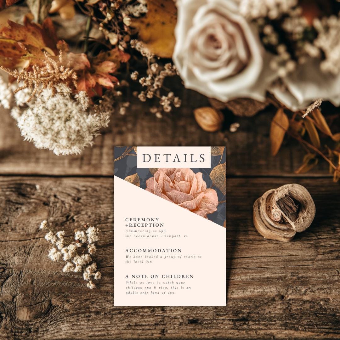 Rose Gold Floral Wedding Details Card | Printable Information Insert (Canva Template)