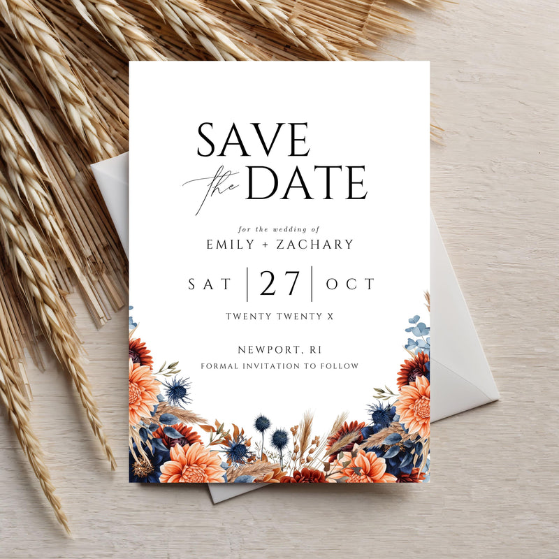 Fall Floral Save the Date Template: Boho Rust & Navy (Instant Download)