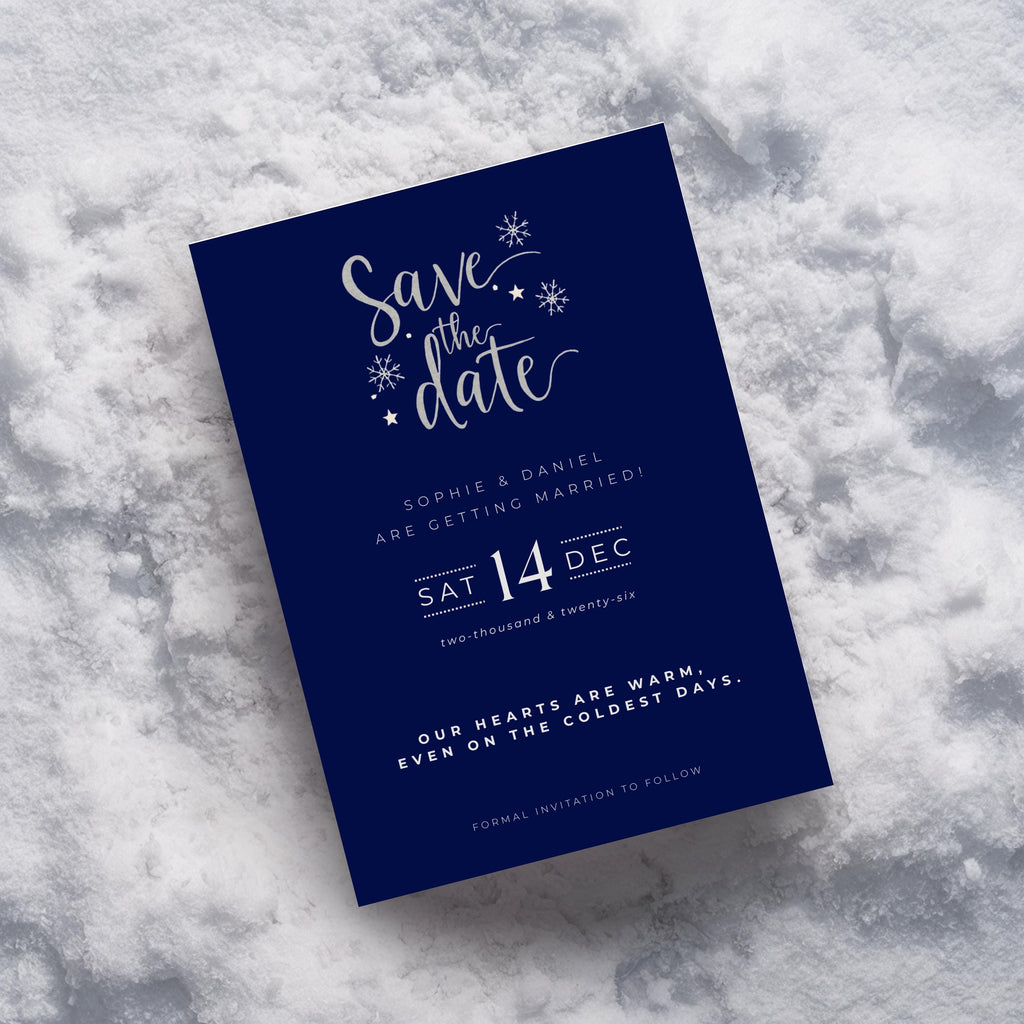 Elegant Winter Save the Date Template | Navy & Silver (Canva Editable)