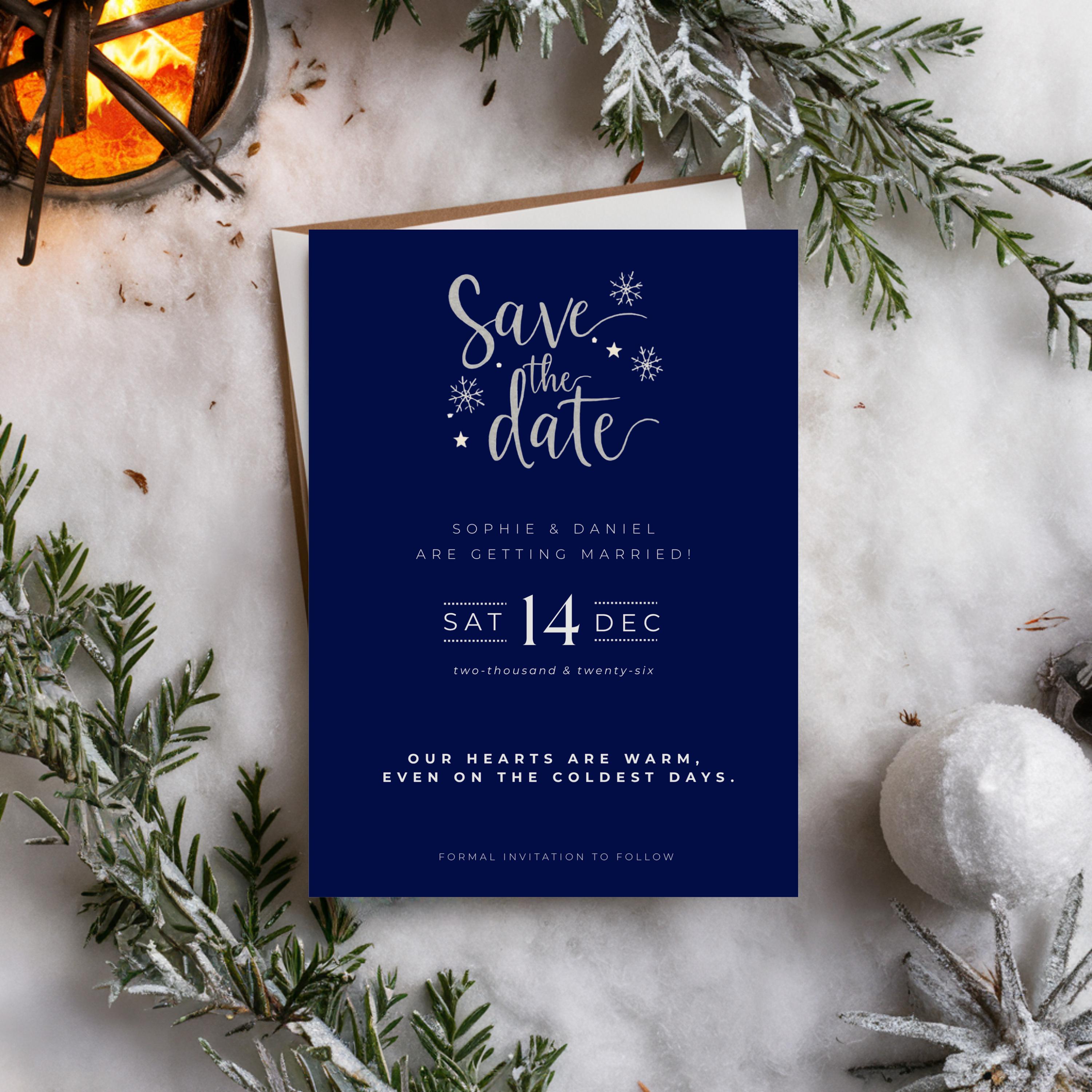 Elegant Winter Save the Date Template | Navy & Silver (Canva Editable)