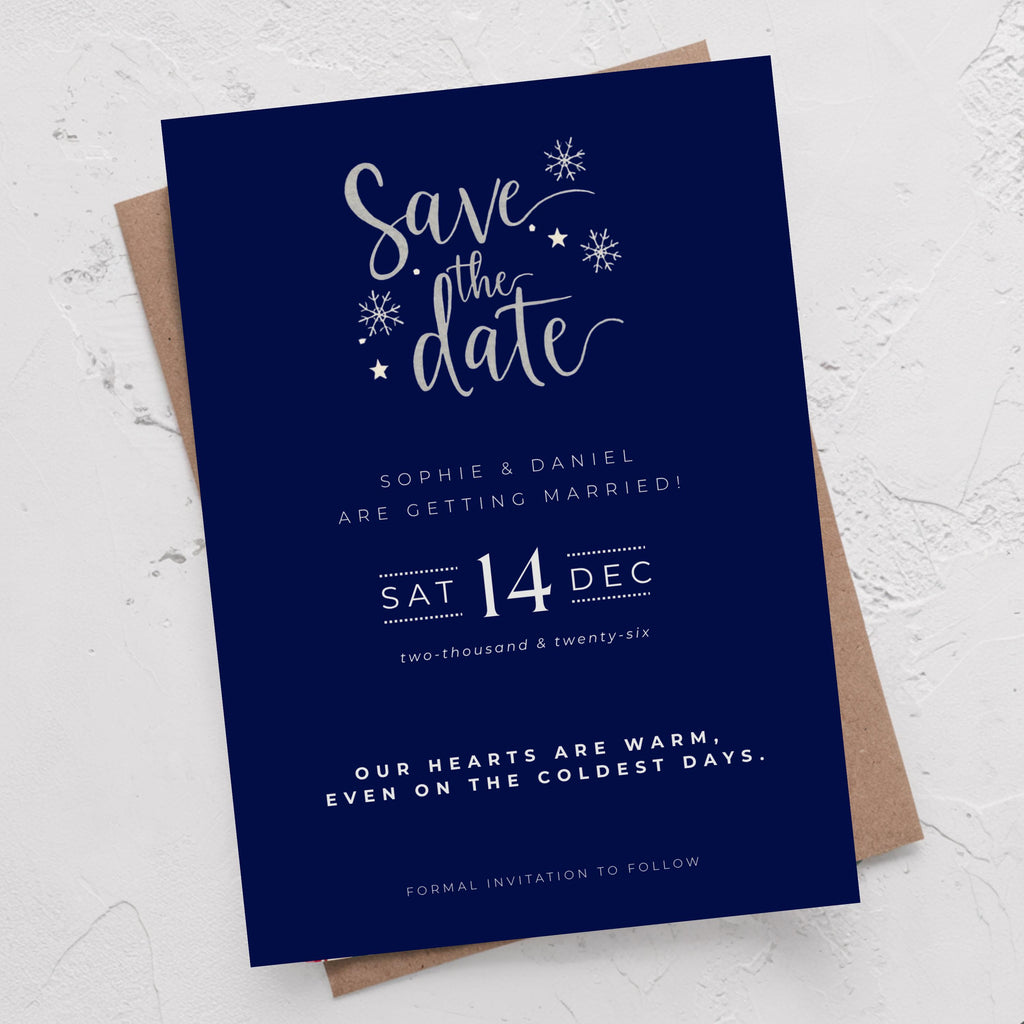 Elegant Winter Save the Date Template | Navy & Silver (Canva Editable)