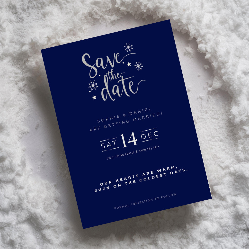 Elegant Winter Save the Date Template | Navy & Silver (Canva Editable)