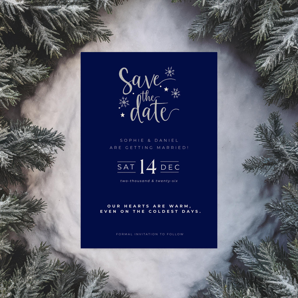 Elegant Winter Save the Date Template | Navy & Silver (Canva Editable)