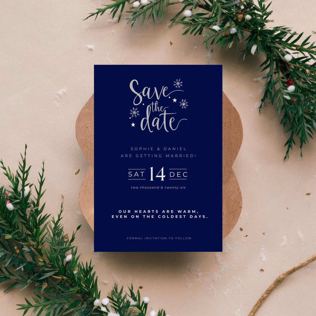 Elegant Winter Save the Date Template | Navy & Silver (Canva Editable)