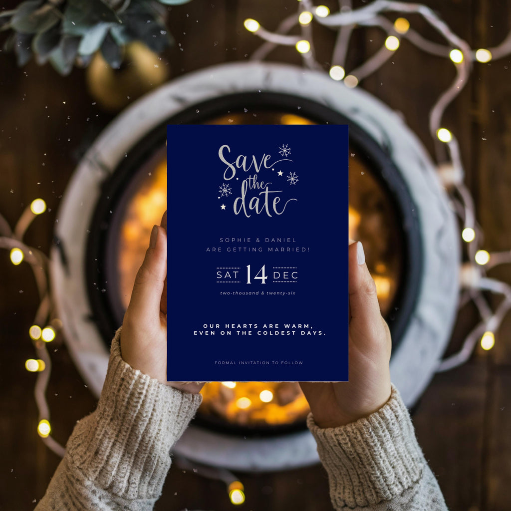 Elegant Winter Save the Date Template | Navy & Silver (Canva Editable)